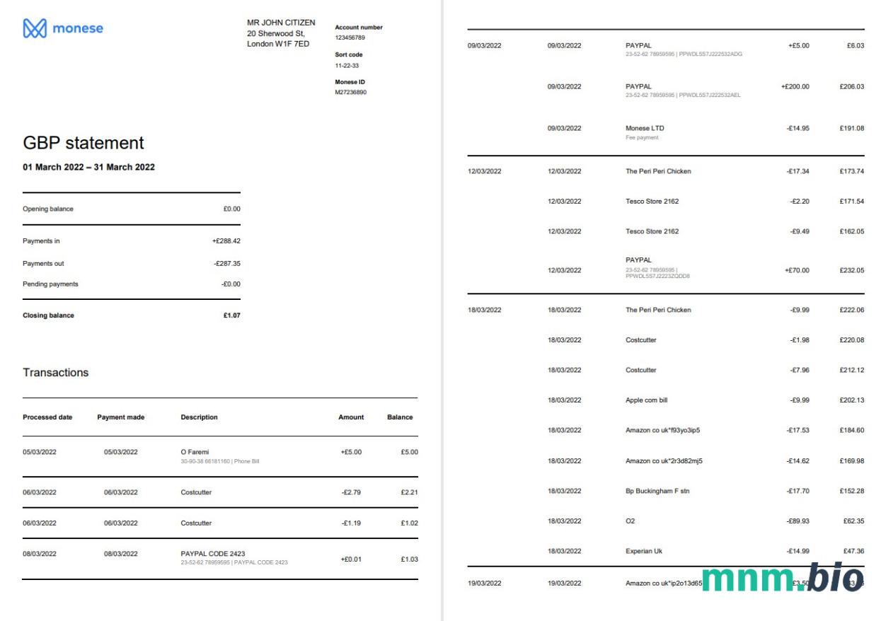 Wyciąg z banku Metrobank w Wielkiej Brytanii w formacie Word i PDF